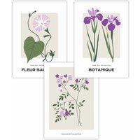 ARTZE Set of 3 Vintage Graphical Flower Market Purple Lilac Art Posters | Size: W50 cm x H70 cm