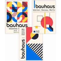 ARTZE Set of 3 Mid Century Bauhaus Exhibition Red Blue Yellow Art Posters | Size: W42 cm x H59 cm