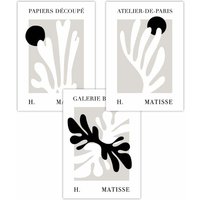 ARTZE Set of 3 Matisse Floral Cut Out Style in Black & Beige Art Posters | Size: W30 cm x H42 cm