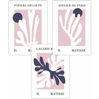 ARTZE Set of 3 Matisse Floral Cut Out Style in Blue & Pink Art Posters in Dusty Pink | Size: W50 cm x H70 cm