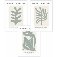 ARTZE Set of 3 Matisse Floral & Nude in Green & Beige Art Posters in Light Green | Size: W42 cm x H59 cm