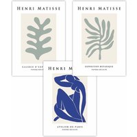 ARTZE Set of 3 Matisse Botanical Shapes with Nude in Green & Blue Art Posters in Light Green | Size: W59 cm x H84 cm