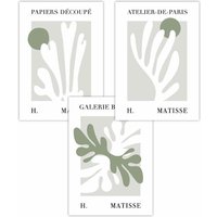 ARTZE Set of 3 Matisse Floral Cut Out Style in Green & Beige Art Posters in Light Green | Size: W59 cm x H84 cm