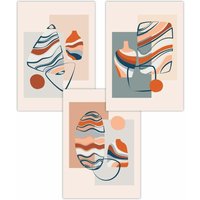 ARTZE Set of 3 Boho Modern Abstract in Blue & Orange Art Posters in Pale Orange | Size: W59 cm x H84 cm