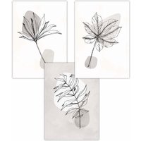 ARTZE Set of 3 Grey & Beige Botanical Sketch Leaves Art Posters in Light Beige | Size: W50 cm x H70 cm