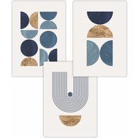 ARTZE Set of 3 Mid Century Geometric in Blue & Gold Art Posters in Navy | Size: W30 cm x H42 cm