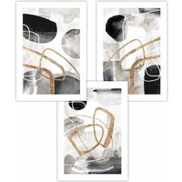 ARTZE Set of 3 Abstract Black Grey & Gold Watercolour Shapes Art Posters | Size: W30 cm x H42 cm