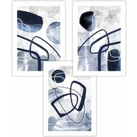 ARTZE Set of 3 Abstract Navy Blue Watercolour Shapes Art Posters | Size: W42 cm x H59 cm