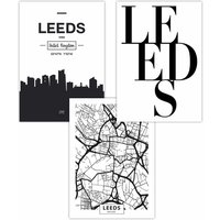 ARTZE Set of 3 LEEDS Skyline Street Map City Prints Art Posters in Black | Size: W30 cm x H42 cm