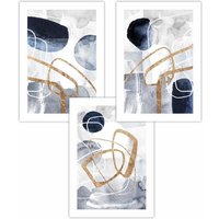 ARTZE Set of 3 Abstract Navy Blue & Gold Watercolour Shapes Art Posters | Size: W59 cm x H84 cm