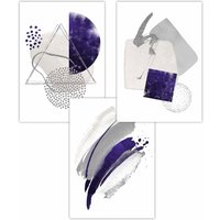 ARTZE Set of 3 Abstract Purple Silver Watercolour Shapes Art Posters | Size: W42 cm x H59 cm