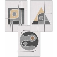 ARTZE Set of 3 Mid Century Graphical Shapes in Grey & Yellow Art Posters | Size: W50 cm x H70 cm