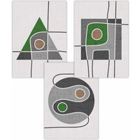 ARTZE Set of 3 Mid Century Graphical Shapes in Grey & Green Art Posters | Size: W42 cm x H59 cm