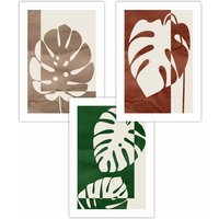 ARTZE Set of 3 Mid Century Monstera in Beige & Green Art Posters in Dark Green | Size: W30 cm x H42 cm