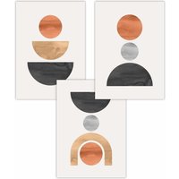 ARTZE Set of 3 Mid Century Graphical Shapes in Black, Grey, Orange Art Posters | Size: W59 cm x H84 cm