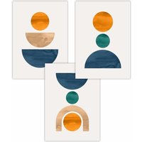 ARTZE Set of 3 Mid Century Graphical Shapes in Navy Blue Orange Art Posters | Size: W42 cm x H59 cm