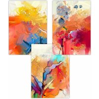 ARTZE Set of 3 Abstract Colourful Orange Pink Red Mixed Media Fractal Art Posters | Size: W59 cm x H84 cm