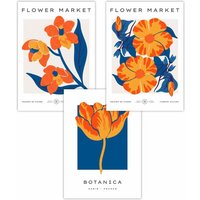 ARTZE Set of 3 Blue & Orange Flower Market Art Posters | Size: W30 cm x H42 cm