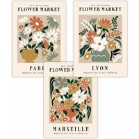 ARTZE Set of 3 Flower Market Paris Exhibition in Neutral Colours Art Posters in Medium Beige | Size: W50 cm x H70 cm