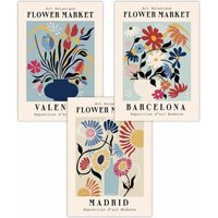 ARTZE Set of 3 Flower Market Barcelona Exhibition in Bright Colours Art Posters | Size: W30 cm x H42 cm
