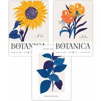 ARTZE Set of 3 Flower Market Sunflower Yellow Blue Art Posters in Bright Yellow | Size: W42 cm x H59 cm
