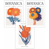 ARTZE Set of 3 Bright Orange & Blue Flower Market Art Posters | Size: W42 cm x H59 cm