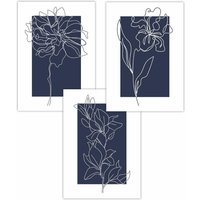 ARTZE Set of 3 Line Art Sketch Flowers on Navy Blue Art Posters | Size: W50 cm x H70 cm