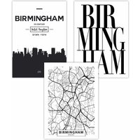 ARTZE Set of 3 BIRMINGHAM Skyline Street Map City Prints Art Posters in Black | Size: W42 cm x H59 cm