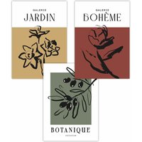ARTZE Set of 3 Minimalist Sketch Leaves Flowers Yellow Red Green Art Posters | Size: W50 cm x H70 cm