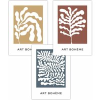 ARTZE Set of 3 Boho Abstract Yellow, Blue, Red Floral Shapes Art Posters in Mid Blue | Size: W50 cm x H70 cm