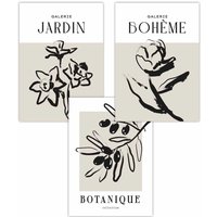 ARTZE Set of 3 Minimalist Sketch Leaves Flowers Beige & Black Art Posters | Size: W30 cm x H42 cm