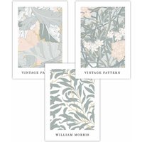 ARTZE Set of 3 Sage Green & Peach William Morris Vintage Floral Art Posters in Light Green | Size: W50 cm x H70 cm