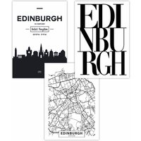ARTZE Set of 3 EDINBURGH Skyline Street Map City Prints Art Posters in Black | Size: W30 cm x H42 cm