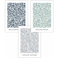 ARTZE Set of 3 Blue Green Grey William Morris Vintage Willow Floral Art Posters in Mid Blue | Size: W50 cm x H70 cm