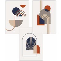 ARTZE Set of 3 Mid Century Terracotta, Beige & Navy Blue Arches Art Posters in Terracotta | Size: W59 cm x H84 cm
