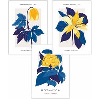 ARTZE Set of 3 Navy Blue & Yellow Flower Market Art Posters | Size: W50 cm x H70 cm