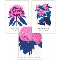 ARTZE Set of 3 Pink & Navy Blue Flower Market Posies Art Posters | Size: W59 cm x H84 cm