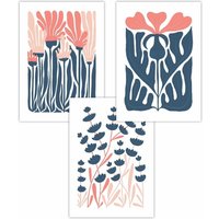 ARTZE Set of 3 Boho Abstract Blue & Pink Floral Art Posters in Navy | Size: W50 cm x H70 cm