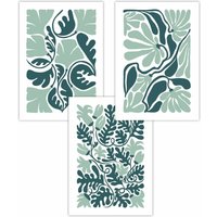 ARTZE Set of 3 Boho Abstract Green & White Floral Art Posters | Size: W30 cm x H42 cm