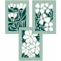 ARTZE Set of 3 Green & White Boho Abstract Floral Art Posters | Size: W30 cm x H42 cm