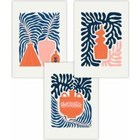 ARTZE Set of 3 Pink & Navy Blue Boho Graphical Botanical Art Posters | Size: W59 cm x H84 cm
