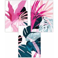 ARTZE Set of 3 Abstract Pink & Blue Tropical Triptych Art Posters | Size: W42 cm x H59 cm