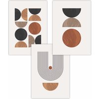 ARTZE Set of 3 Mid Century Geometric in Black & Brown Art Posters in Terracotta | Size: W50 cm x H70 cm