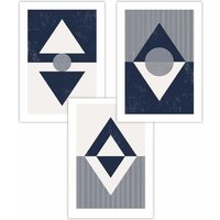 ARTZE Set of 3 Mid Century Geometric Navy Blue Diamonds Art Posters | Size: W42 cm x H59 cm