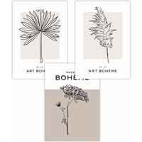 ARTZE Set of 3 Minimalist Sketch Leaves Flowers Beige & Ivory Art Posters | Size: W42 cm x H59 cm