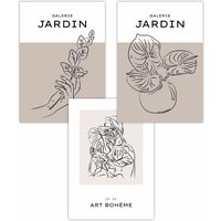 ARTZE Set of 3 Minimalist Sketch Boho Botanical in Beige & Ivory Art Posters | Size: W50 cm x H70 cm