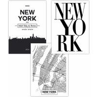 ARTZE Set of 3 NEW YORK Skyline Street Map City Prints Art Posters in Black | Size: W42 cm x H59 cm