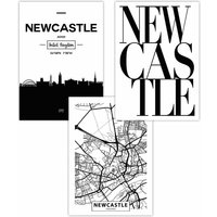 ARTZE Set of 3 NEWCASTLE Skyline Street Map City Prints Art Posters in Black | Size: W50 cm x H70 cm