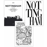 ARTZE Set of 3 NOTTINGHAM Skyline Street Map City Prints Art Posters in Black | Size: W30 cm x H42 cm