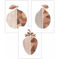 ARTZE Set of 3 Geometric Fruit in Wood Grain Effect Art Posters in Walnut | Size: W50 cm x H70 cm